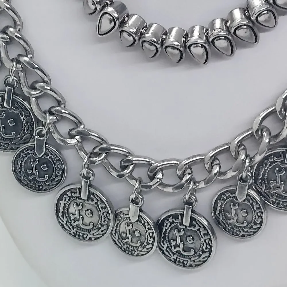 Silver Tone Layered Coin Dangle Necklace‎